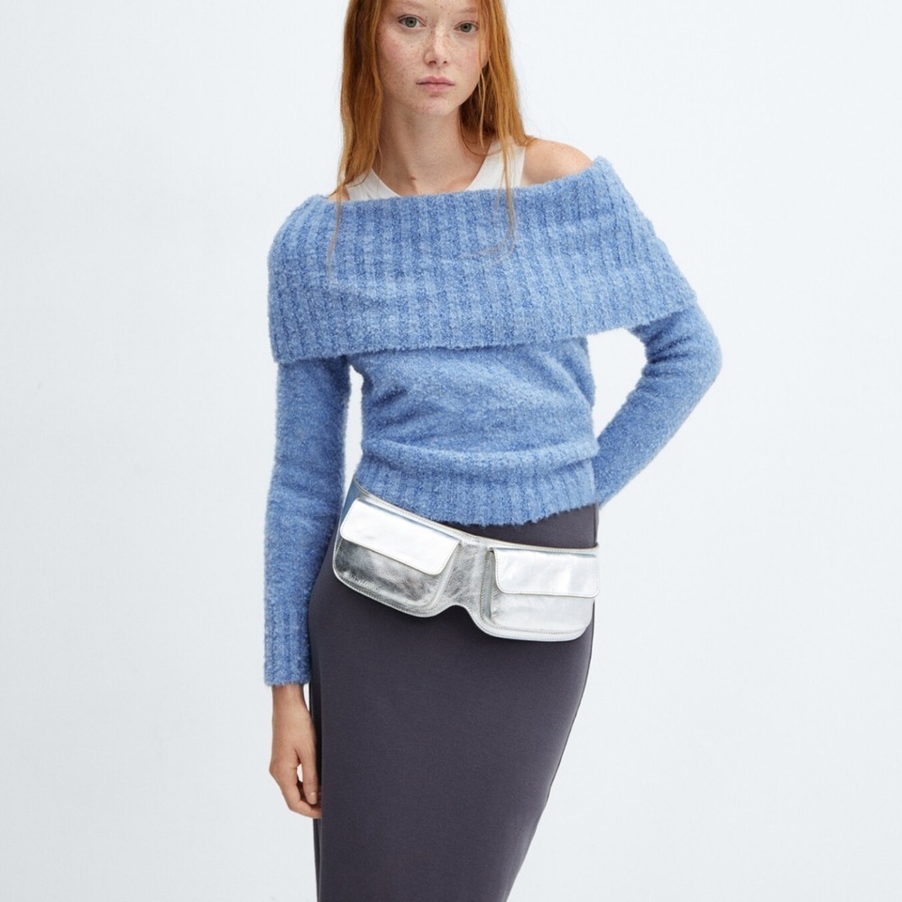 Mango off the shoulder textured knit light blue sweater size Large